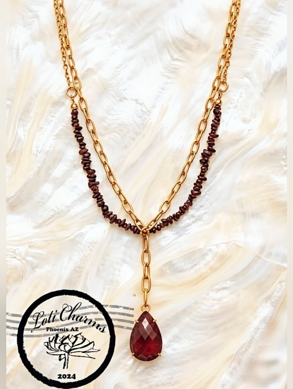 Natural Ruby Chips In 2-Strand Paperclip Necklace W/ Genuine Ruby Pendant